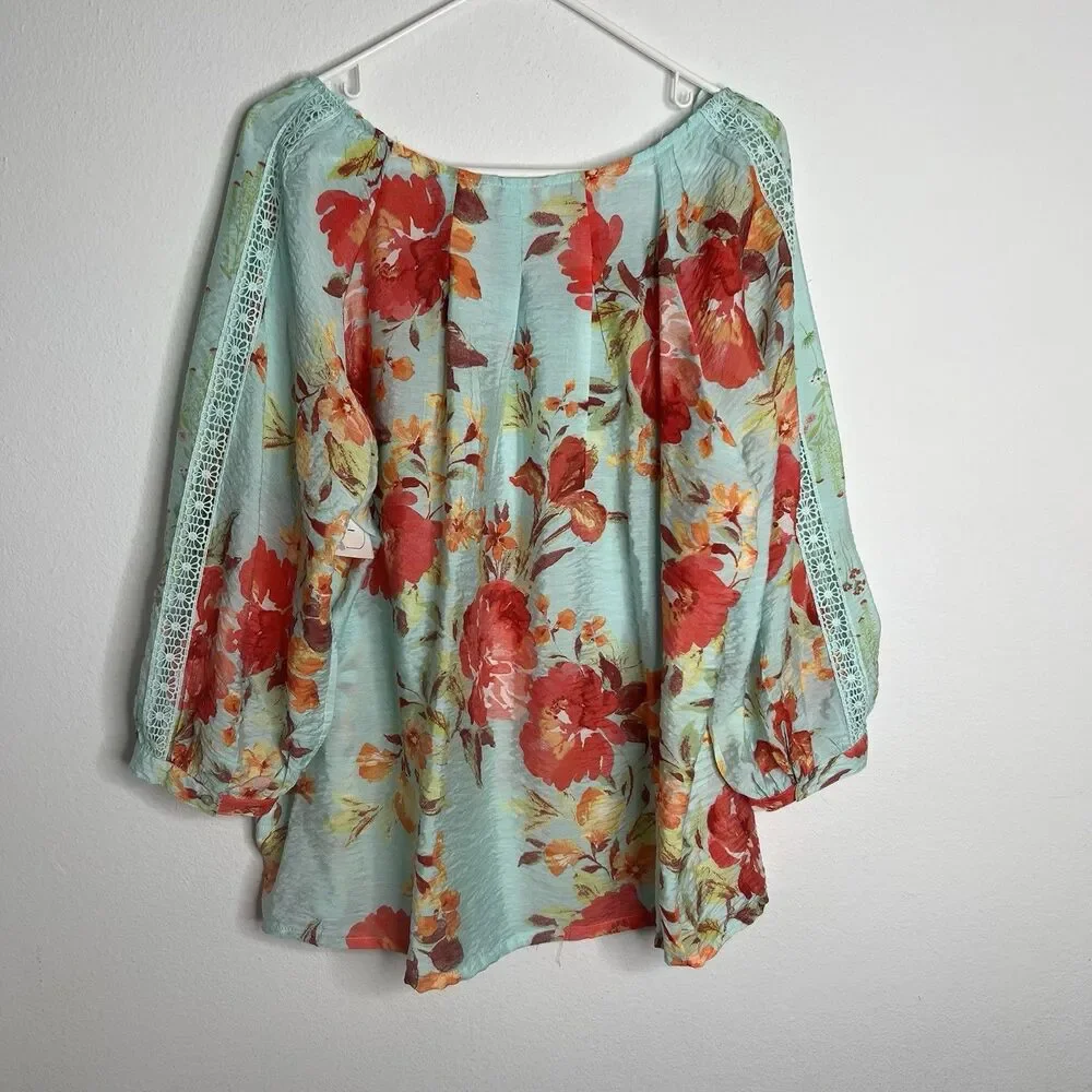 Fig Flower Women’s Floral Blouse Crochet Boho Long Sleeve Plus SZ 2X